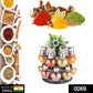 Close-up of the plastic spice rack set with clear jars and stainless steel caps.