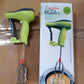 The compact design of the manual hand blender with stainless steel beaters.