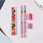 Close-up of the Cartoon Wooden Pencil Set showing a pencil, ruler, sharpener, and eraser.