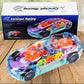 Close-up of the transparent gear car toy, highlighting its intricate internal gears and bright lights.
