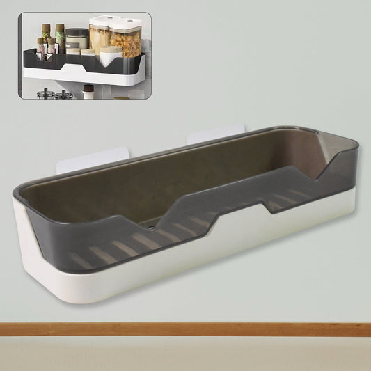Adhesive shower caddy mounted on a bathroom wall, showcasing easy installation.