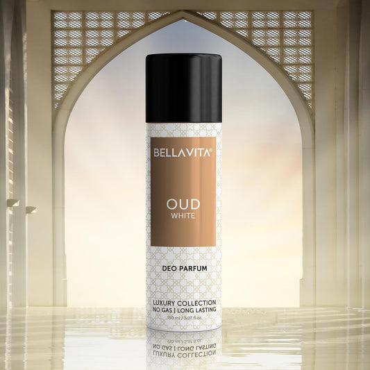 Bellavita Oud White Deo Perfume Body Spray in stylish packaging