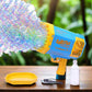 Front view of the bubble machine toy for kids actively producing a dense cloud of bubbles.