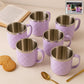 Set of six 200 ml stainless steel tea cups with diamond pattern outer design