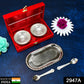 Overhead view of the complete silver plated brass serving set, showcasing its design and arrangement on a tray.