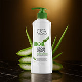Pump bottle of Aloe Vera Body Lotion with SPF 30 for hydrating skin