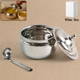 Stainless Steel Ghee Pot with lid and spoon on a white background.