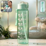 Motivational water bottle 900ML front view with time markers
