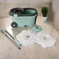 Ganesh Spin Mop with Bucket featuring a steel wringer and two microfiber mop heads.