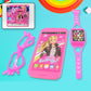 A Barbie musical phone play set featuring a pink toy phone, watch, and glasses on a white background.