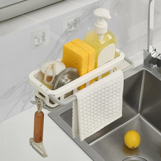 Side view of the Bathora kitchen sink organizer, showcasing its retractable design and drainage holes.