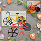 The unique bicycle-shaped design of the Quickslice Pizza Cutter, ready for use.