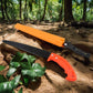 High carbon steel hand pruning saw with protective cover.