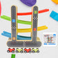 Wooden race track set with four levels and colourful mini cars, ready for play.