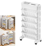 Large 5-tier movable plastic bookshelf with wheels in modern home setting