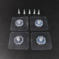 Set of four heavy-duty self adhesive hooks holding kitchen utensils and a clock.
