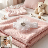 Baby girl wearing a floral crown headband, stylish hair accessory