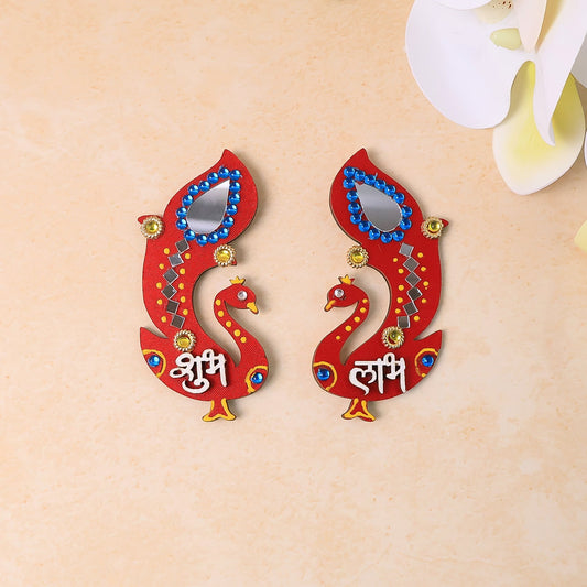 Handcrafted wooden Shubh Labh wall hanging with intricate mirror and stone decorations