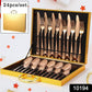 Elegant 24-piece gold flatware set with gift box on a white background.