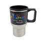 Fervent insulated travel mug with handle, showing its portable and sturdy build.