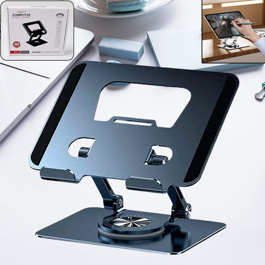 Front view of the portable adjustable laptop stand on a desk.