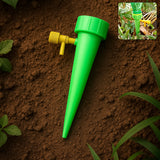 Plant Watering Spike gently watering potted plants in garden