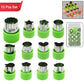 Complete 12-piece stainless steel cookie cutter set with various shapes for baking.