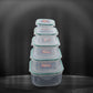 Side view of five versatile kitchen storage containers with snap-lock lids.