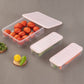 Three clear plastic food storage containers with blue lids, showcasing their stackable design on a kitchen counter.