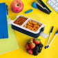 Stylish blue 2-compartment lunch box, perfect for carrying varied meals.