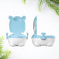Baby potty training seat in white with blue accents, featuring a removable bowl.