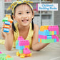 Close-up of the 60 multicolored building bricks from the children's play set.