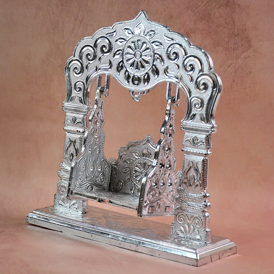 Traditional decorative silver-finished Bal Gopal Jhula swing for pooja
