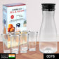 Clear water pitcher with six matching glasses, ideal for serving beverages.