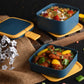 Close-up of the blue stackable lunch box with its sturdy carrying handle.