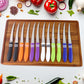 Ergonomic non-slip colorful handle of a serrated kitchen knife from the set.