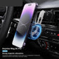 Magnetic phone holder attached to a car air vent, ready for smartphone placement.