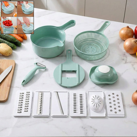 Multi-functional vegetable slicer set with blades and storage container for easy kitchen prep