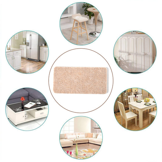 Self-adhesive square felt pads applied to a chair leg, preventing floor damage and noise.
