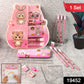 Open metal pencil box showing cartoon-themed school supplies including pencils and erasers
