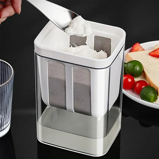 Front view of 2-in-1 yogurt strainer with storage container 1100ml capacity