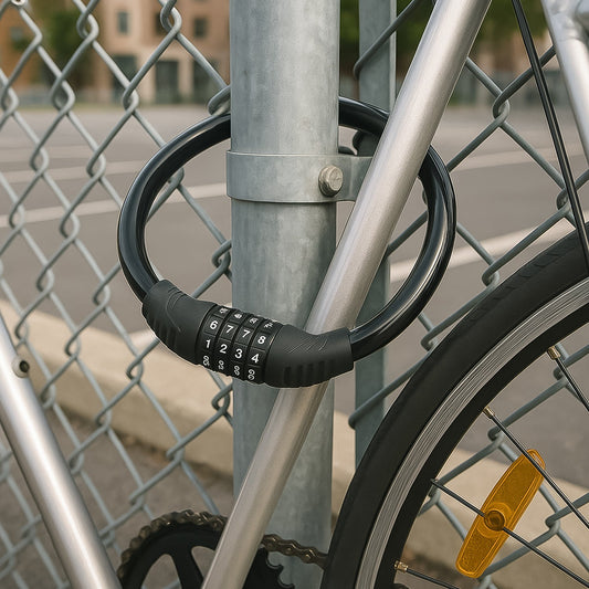Bike lock cable with self coiling 4 digit combination lock close-up