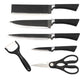 Elegant presentation of the stainless steel knife set with included peeler.
