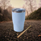 Insulated coffee mug with secure lid and reusable wooden straw for office or car use