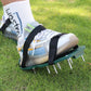 Pair of green Lawn Aerator Sandals with sharp spikes, ready for garden use.
