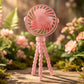 Side view of portable rechargeable LED fan with adjustable flexible tripod legs