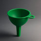 Bright red silicone funnel standing upright on a kitchen counter, ready for use.
