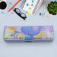Top-down view of the double-compartment cartoon pencil case.