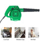 User demonstrating the green air blower effectively cleaning leaves from a patio.