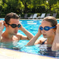 Close-up of swimming goggles showcasing adjustable fit and silicone eye seals